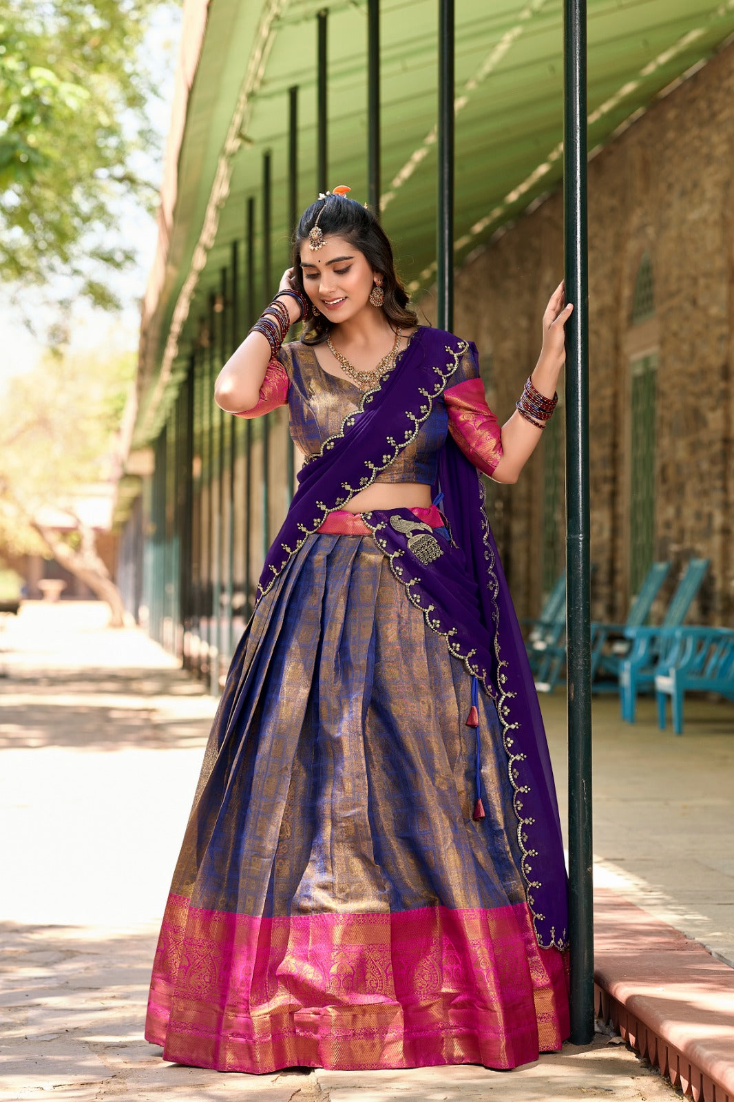 Kanjivaram Silk Half Saree with Zari Weaving & Embroidered Dupatta | Traditional Festive Wear