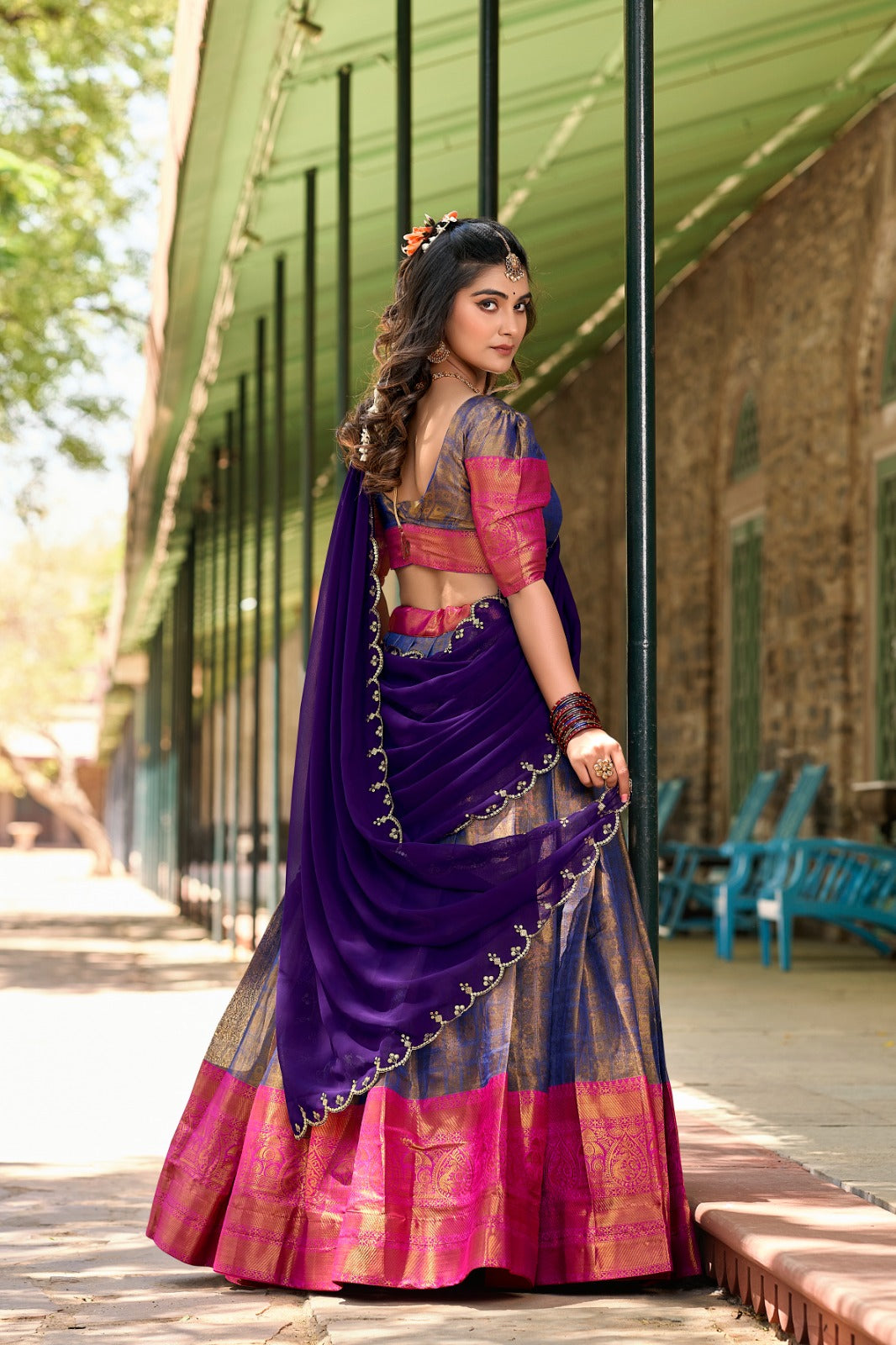Kanjivaram Silk Half Saree with Zari Weaving & Embroidered Dupatta | Traditional Festive Wear