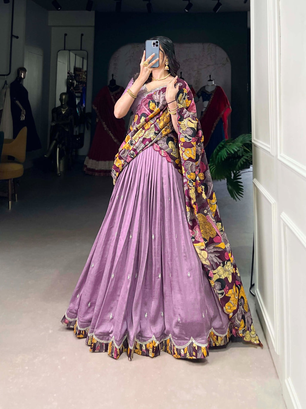 Vichitra Silk Lehenga Choli with Sequins Embroidery & Kalamkari Print Dupatta