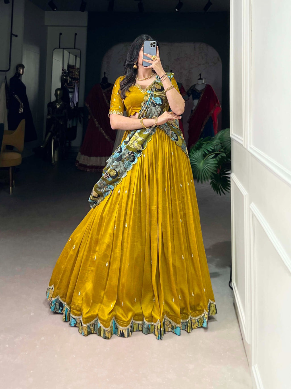 Vichitra Silk Lehenga Choli with Sequins Embroidery & Kalamkari Print Dupatta