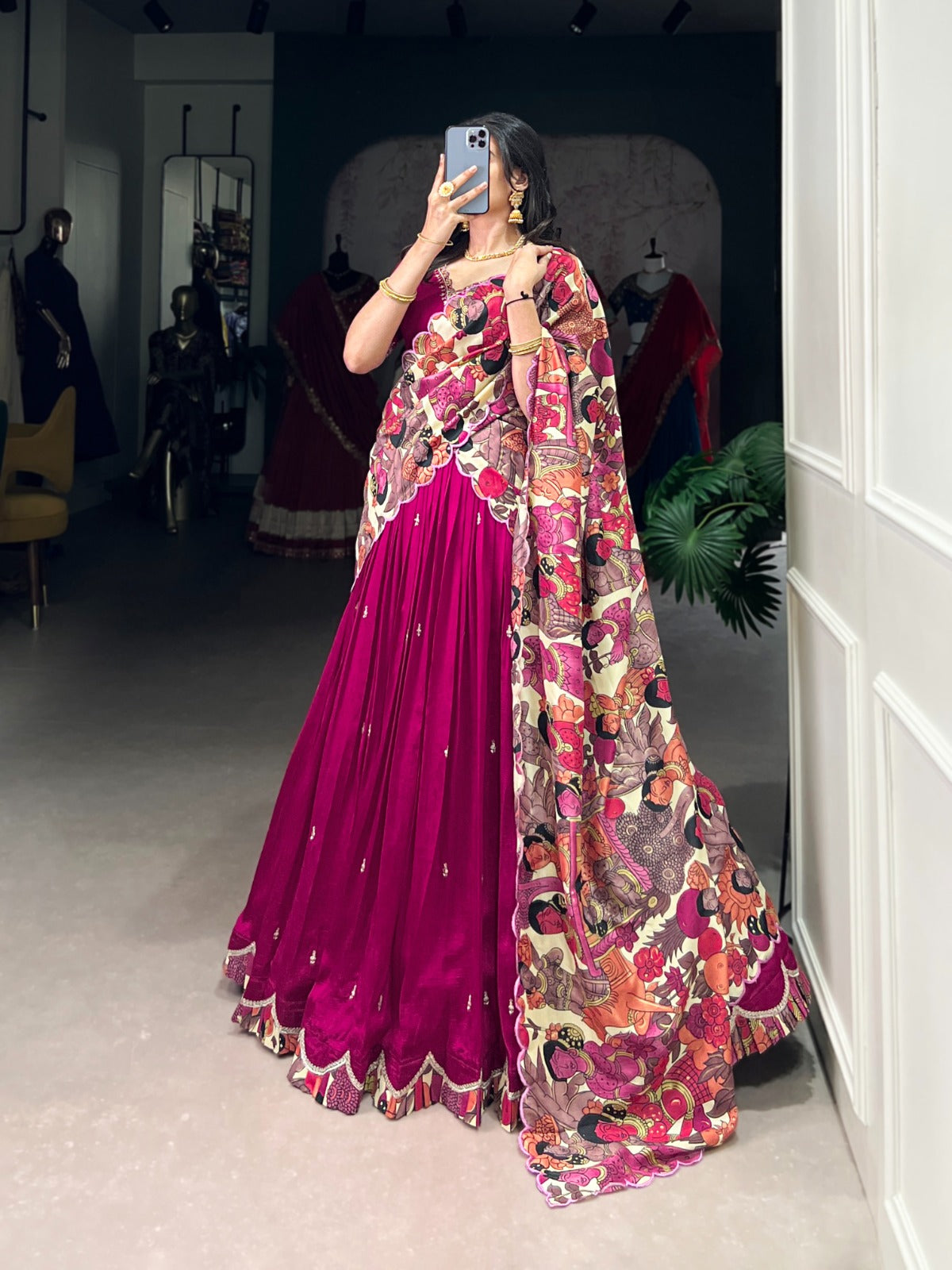 Vichitra Silk Lehenga Choli with Sequins Embroidery & Kalamkari Print Dupatta