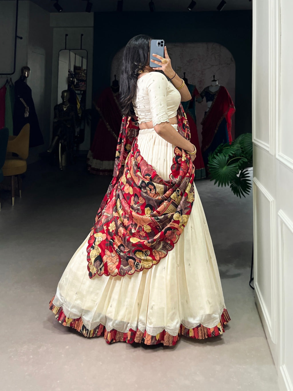 Vichitra Silk Lehenga Choli with Sequins Embroidery & Kalamkari Print Dupatta