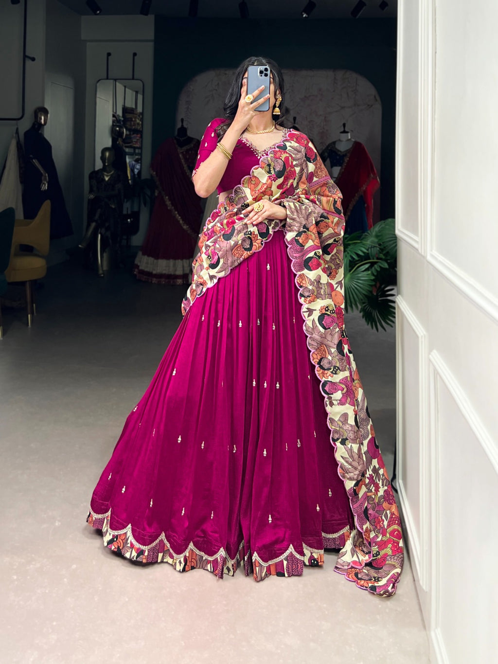 Vichitra Silk Lehenga Choli with Sequins Embroidery & Kalamkari Print Dupatta
