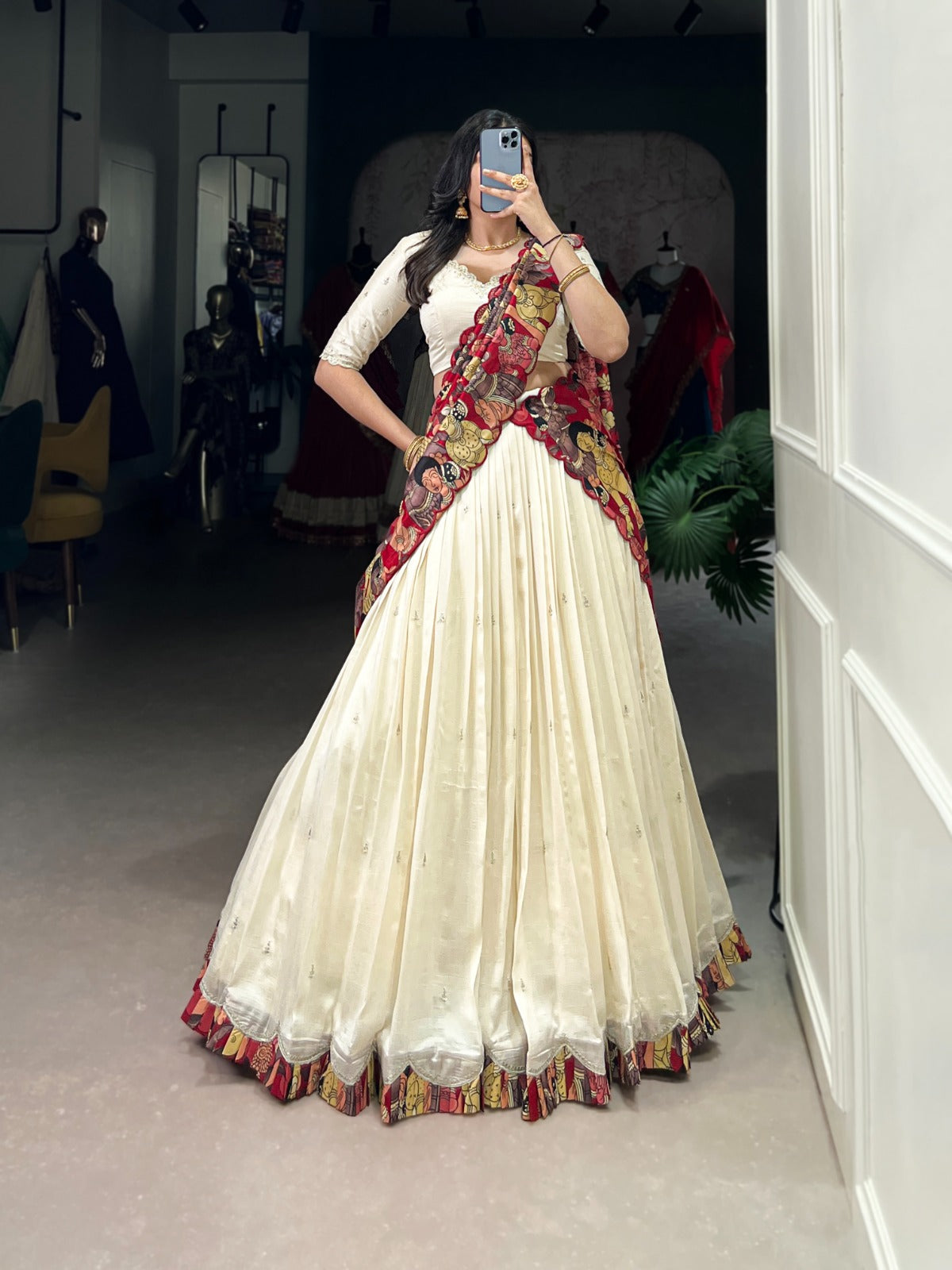 Vichitra Silk Lehenga Choli with Sequins Embroidery & Kalamkari Print Dupatta
