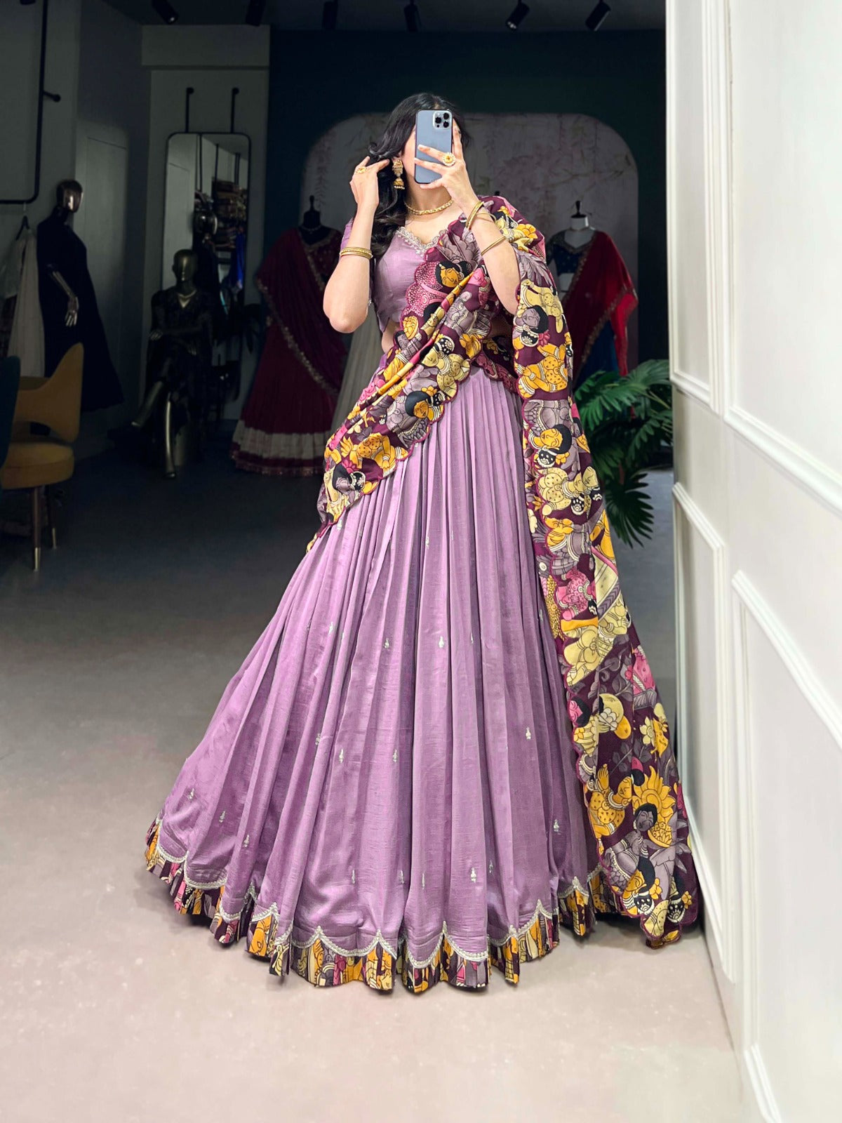 Vichitra Silk Lehenga Choli with Sequins Embroidery & Kalamkari Print Dupatta