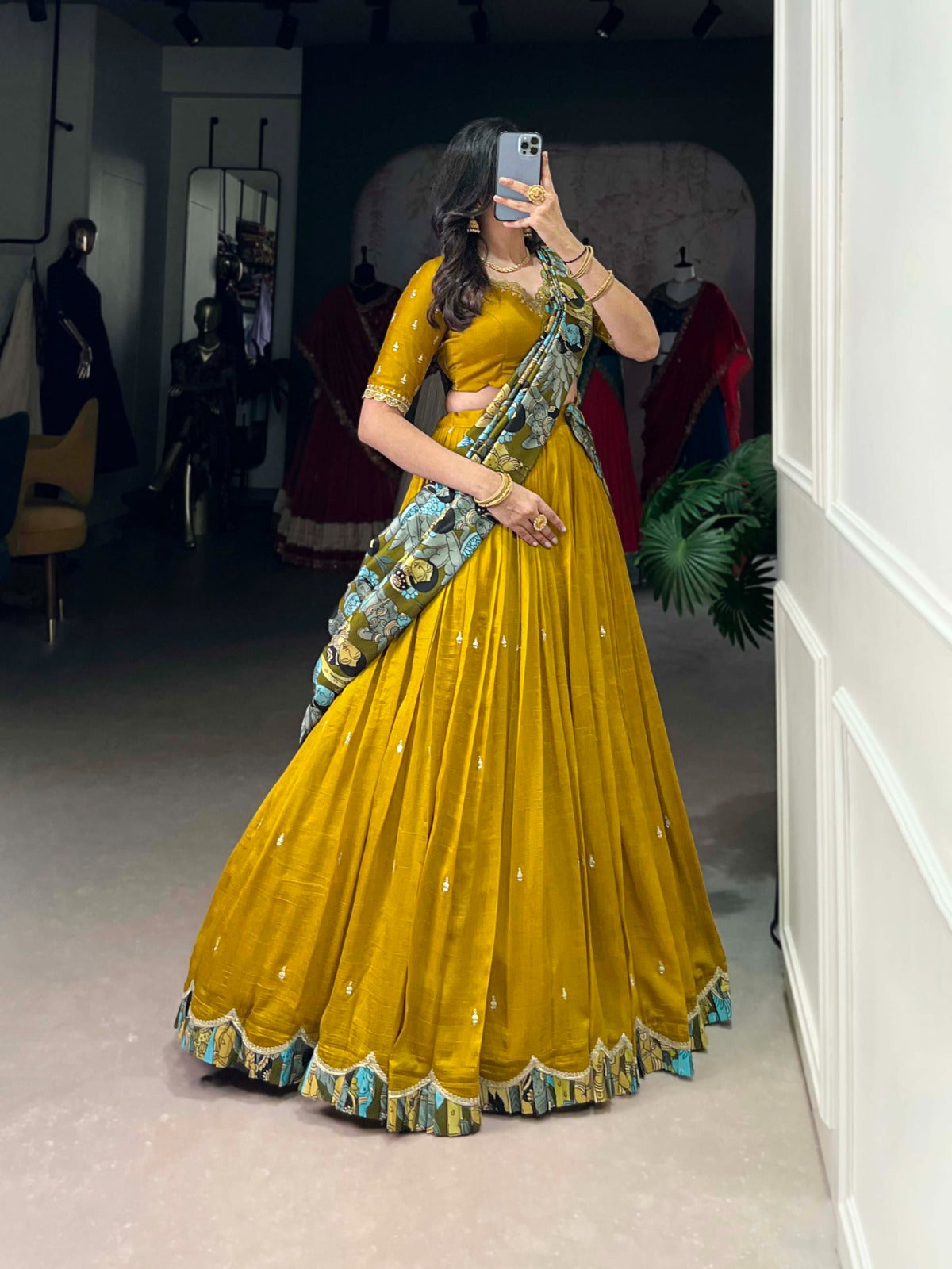 Vichitra Silk Lehenga Choli with Sequins Embroidery & Kalamkari Print Dupatta