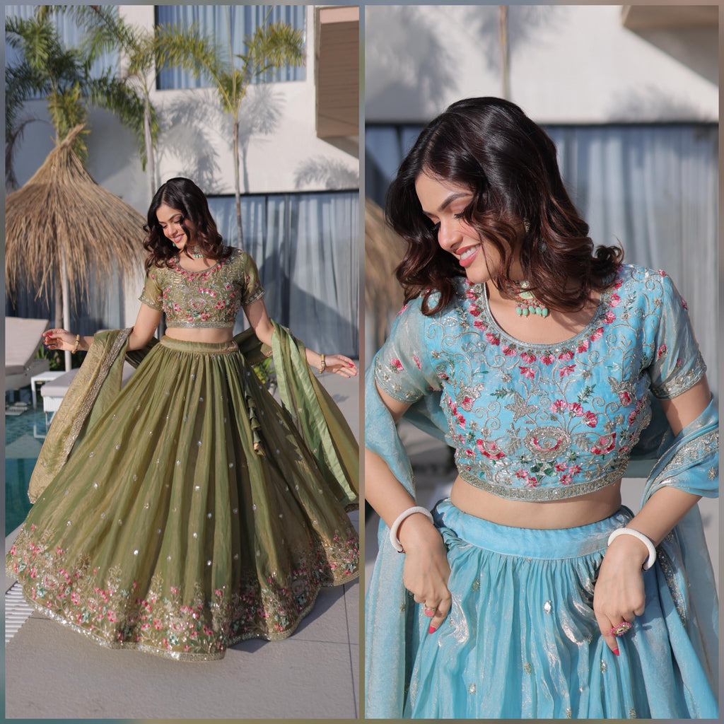 Fendi Silk Lehenga Choli Dupatta Set with Multi Thread Embroidery | Sky Blue & Pista Green