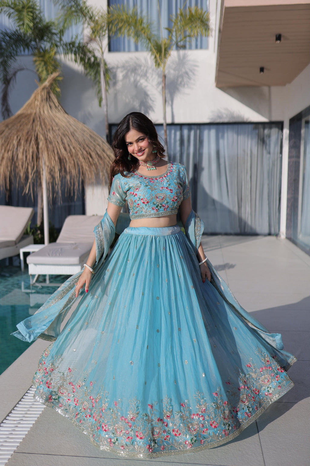 Fendi Silk Lehenga Choli Dupatta Set with Multi Thread Embroidery | Sky Blue & Pista Green